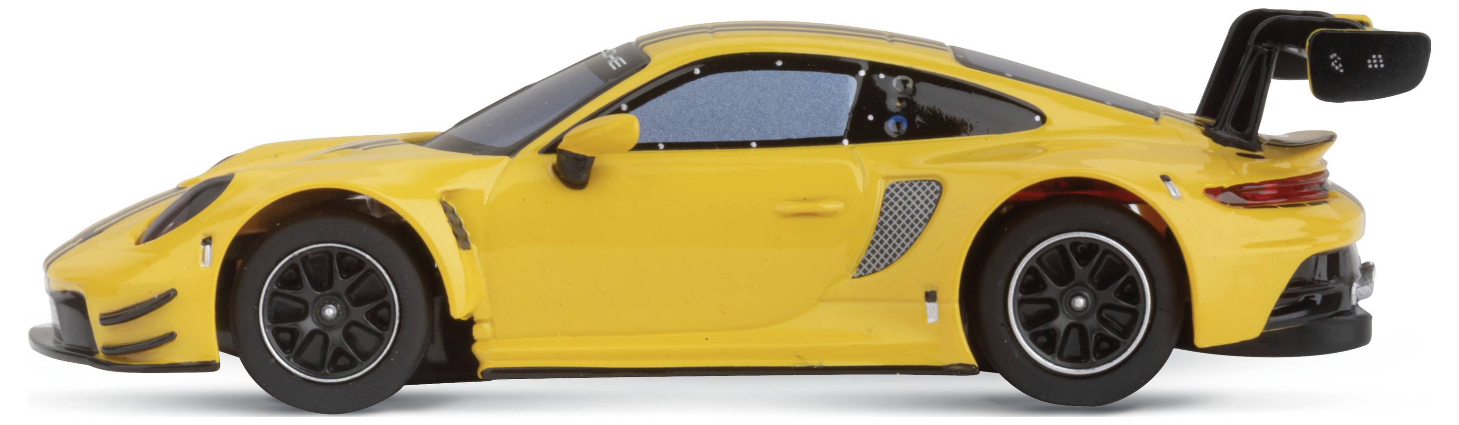 Yellow toy sports car from the side view. The car is intricately designed with a visible spoiler and racing tyres.