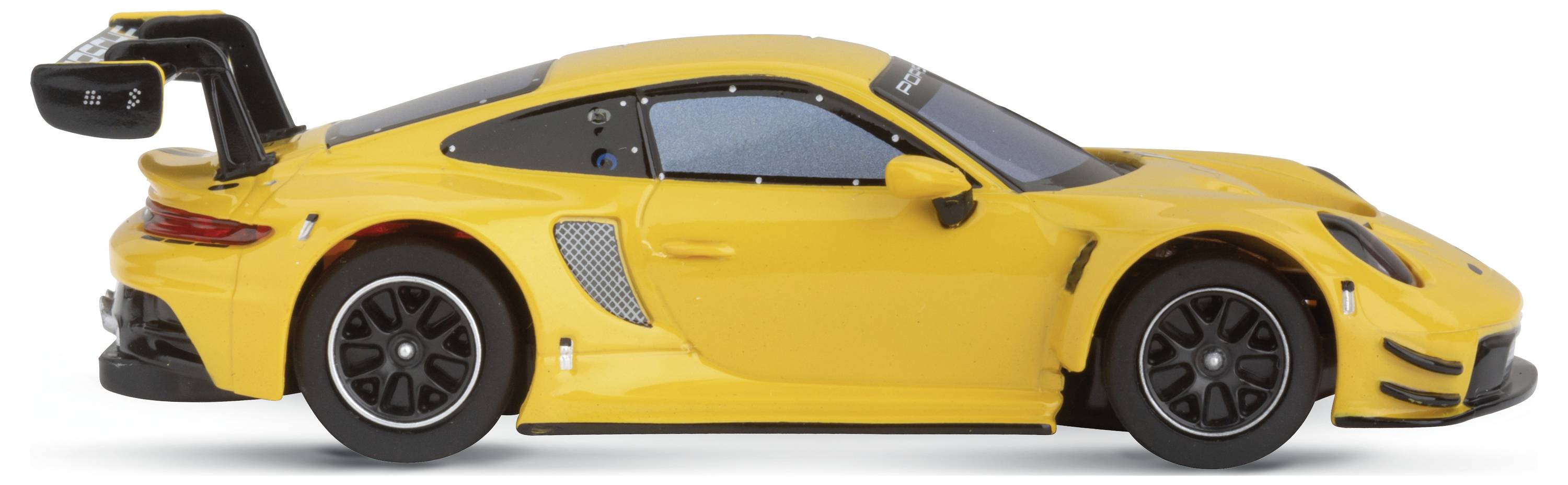 A yellow sports car model with a large rear spoiler, viewed from the side profile.