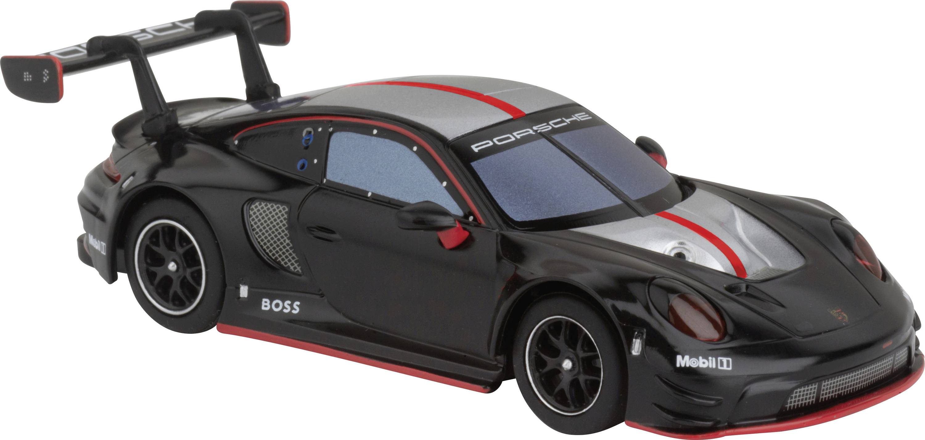 Black toy car with red accents and a large rear spoiler, inspired by a racing car design.