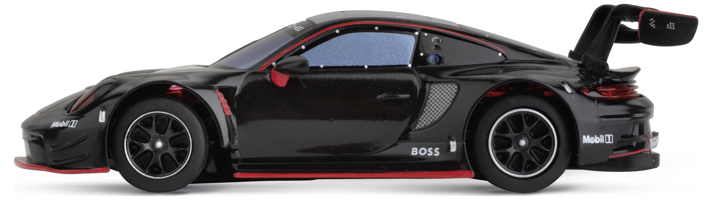 A black toy Porsche car with red accents and a large spoiler, the model is detailed with wheels and visible windows.