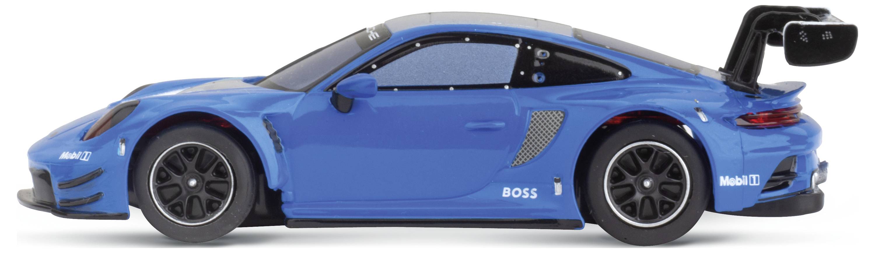 A blue toy racing car pictured in profile from the side, with a prominent rear spoiler and detailed vehicle features.
