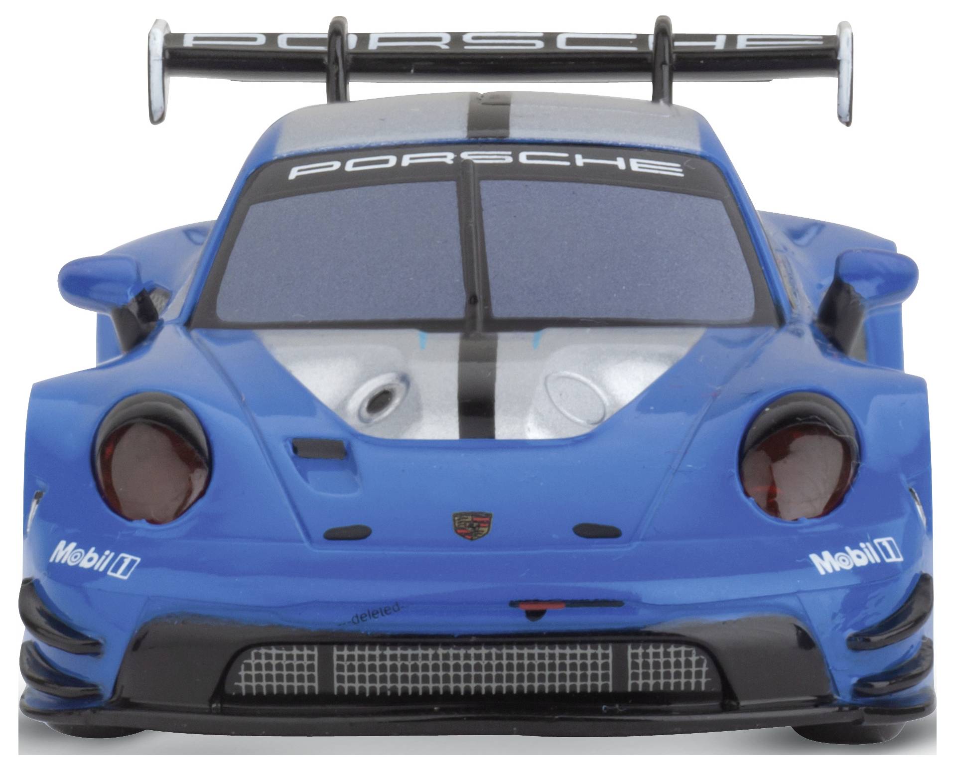 Blue toy racing car photographed from the front, with 'Porsche' lettering on the rear spoiler and windscreen.