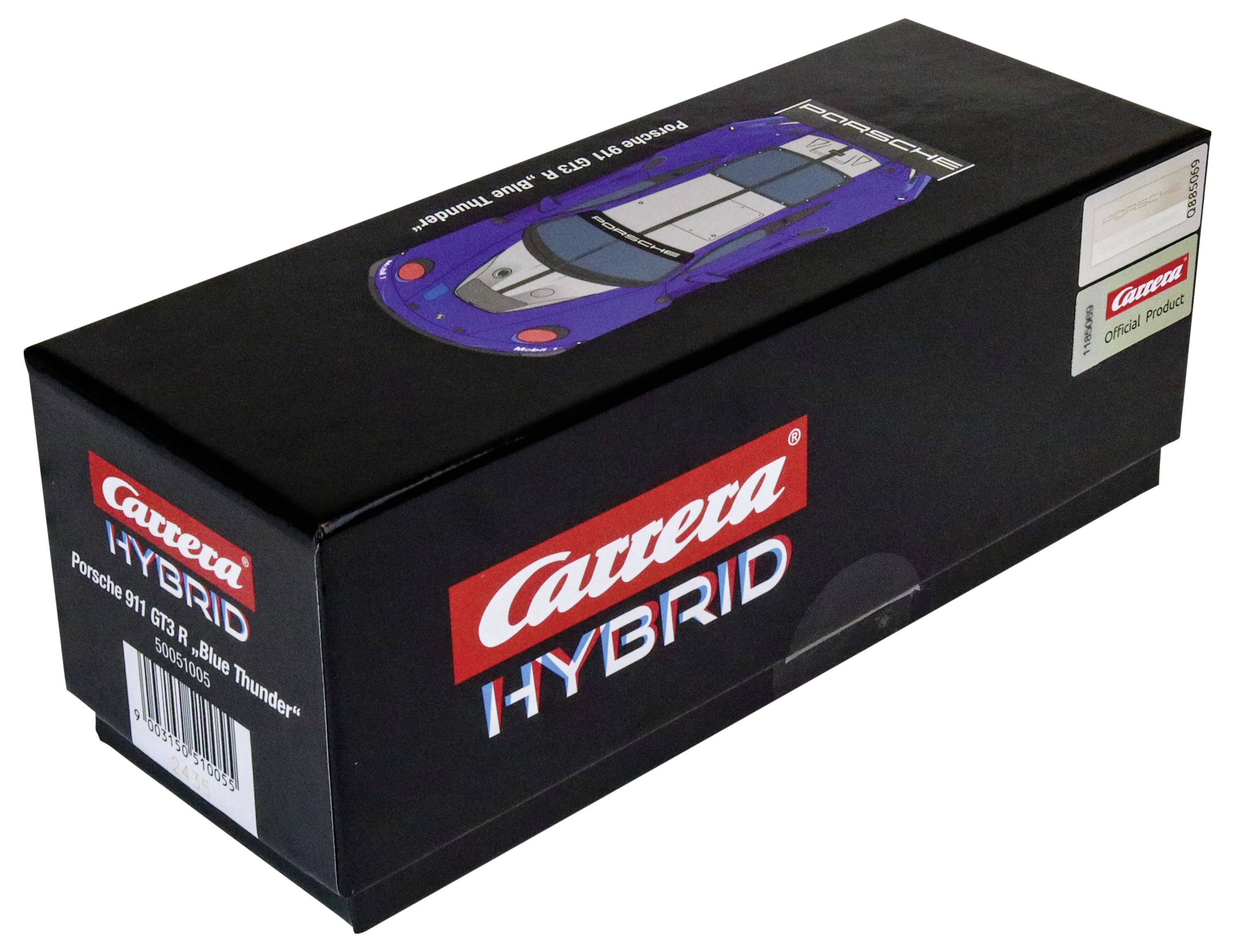 Black packaging of a Carrera Hybrid model car, showing a Porsche 911 GT1 "Blue Thunder" model on the top side.
