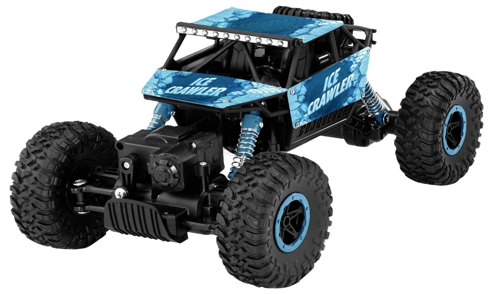 A remote-controlled car with robust, large tyres and blue design. Inscription 'Ice Crawler'. Suitable for challenging terrain.