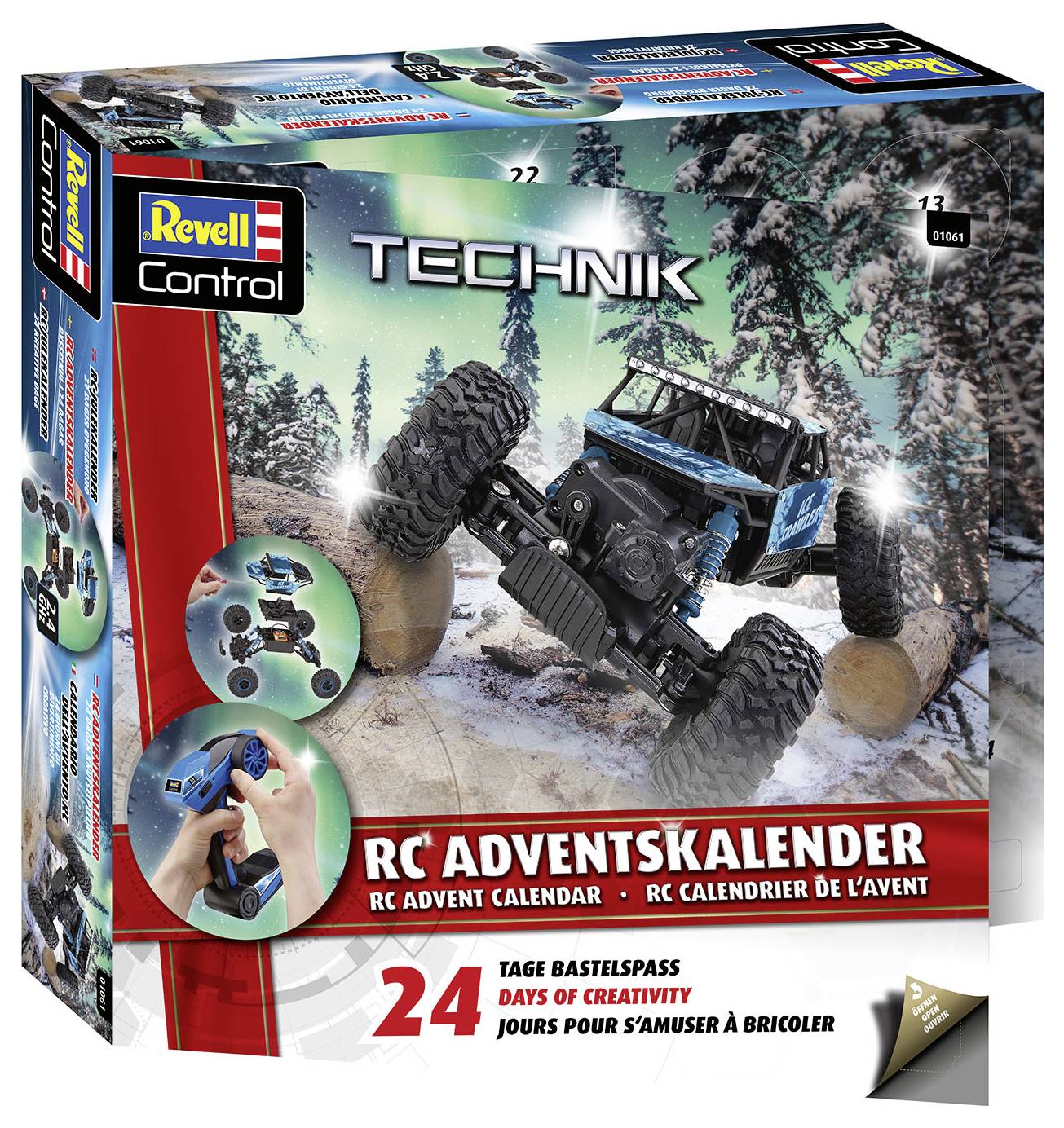 Model Building Advent Calendar with RC Off-Road Vehicle. Packaging shows assembled vehicle in snow-covered winter landscape. 24 crafting days.