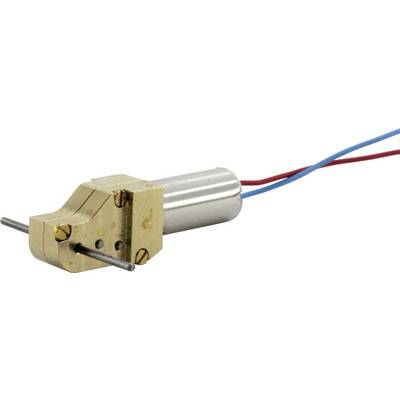 A small electric motor with a golden mounting bracket and two wires (red and blue) for electrical connection.