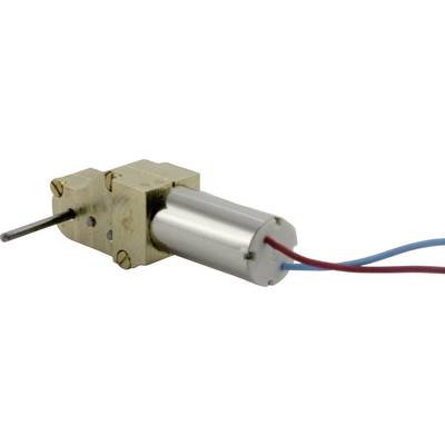 A small electric motor with a cylindrical casing and a protruding shaft, connected with red and blue wires.