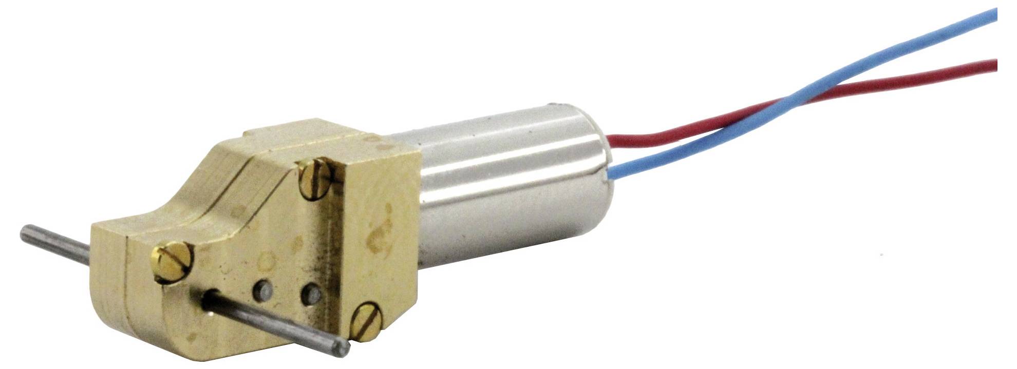 A miniature DC geared motor with a metal casing, two protruding shafts and red and blue connection wires.