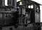 A detailed depiction of a historical steam locomotive of the 'Shay' class with visible mechanical components and a train driver in uniform.