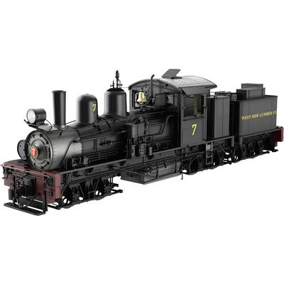Black steam locomotive with the inscription 'WEST SIDE LUMBER CO.' and the number 7 in gold lettering on the side.