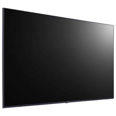 A large flat-screen television with a sleek black frame, displayed at a slight angle, reflecting light on its glossy surface.