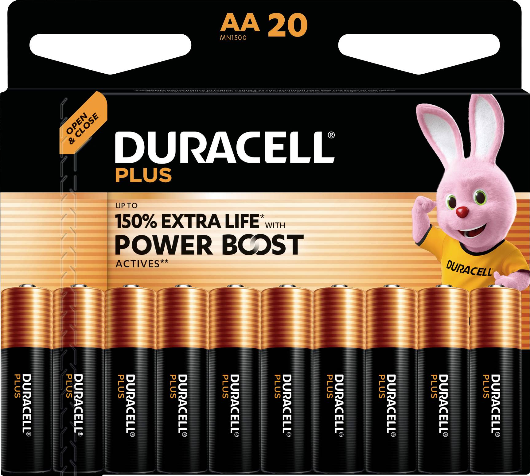 A pack of 20 AA Duracell Plus batteries, marketed with 'up to 150% longer lasting' and featuring a pink bunny mascot.