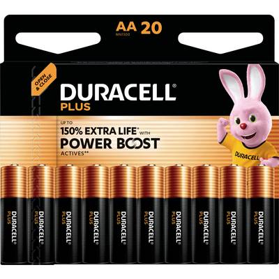 A pack of 20 AA Duracell Plus batteries, marketed with 'up to 150% longer lasting' and featuring a pink bunny mascot.
