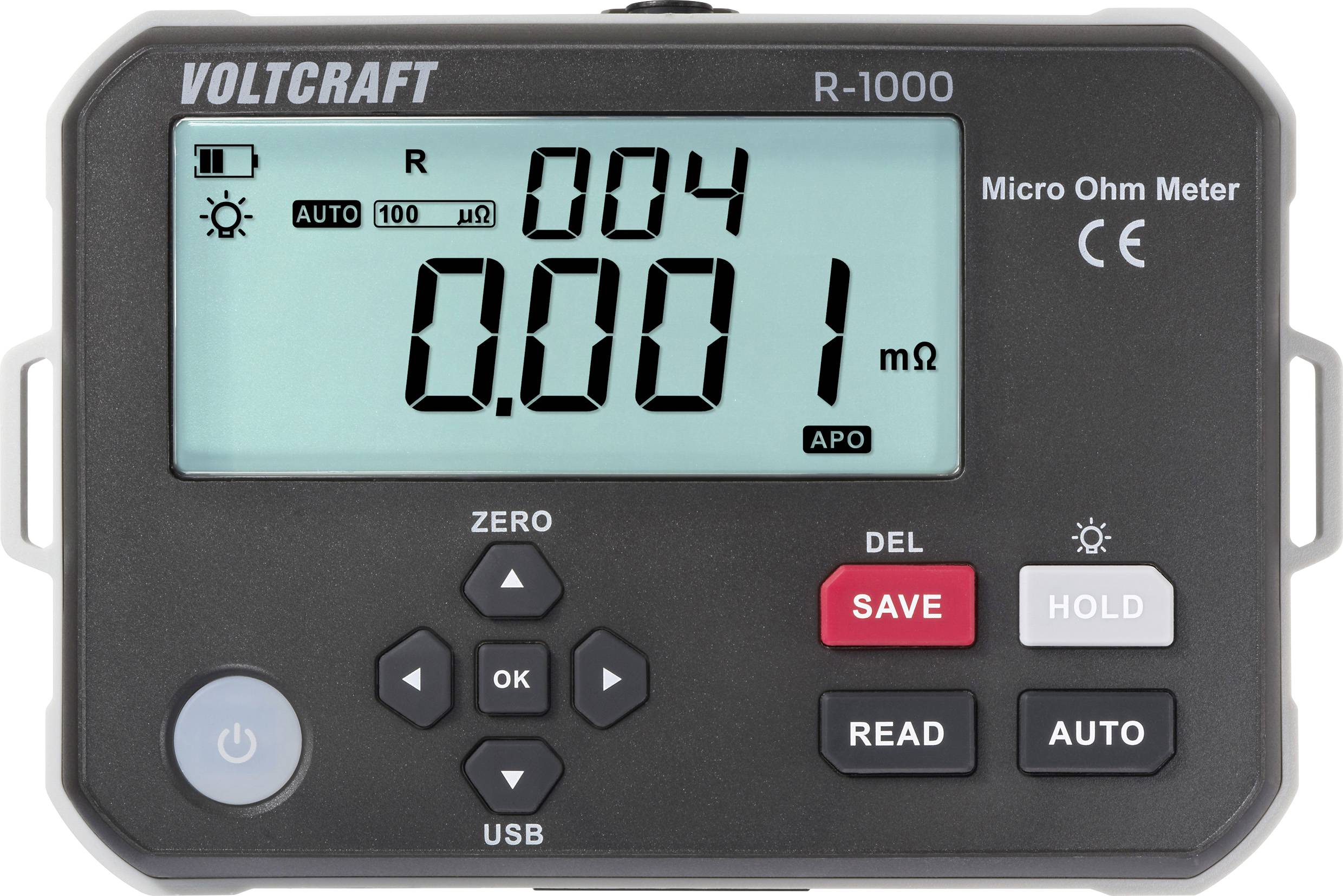 Micro Ohm Meter display showing '004' and '0.001 mΩ'. Buttons: Zero, Del, Save, Hold, Read, Auto with USB port below. Brand: Voltcraft.