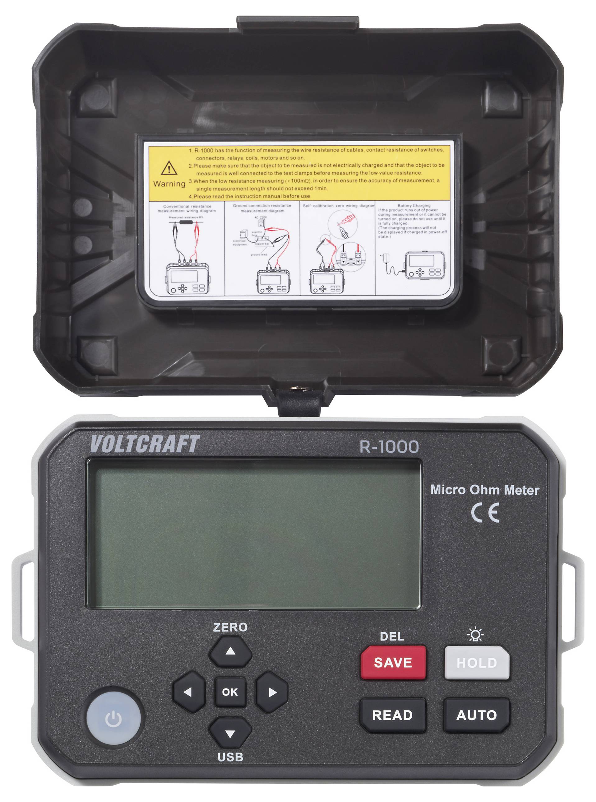 Digital micro ohm meter labeled 'Voltcraft R-1000' with a display and control buttons. Open lid shows a warning label and diagram instructions.