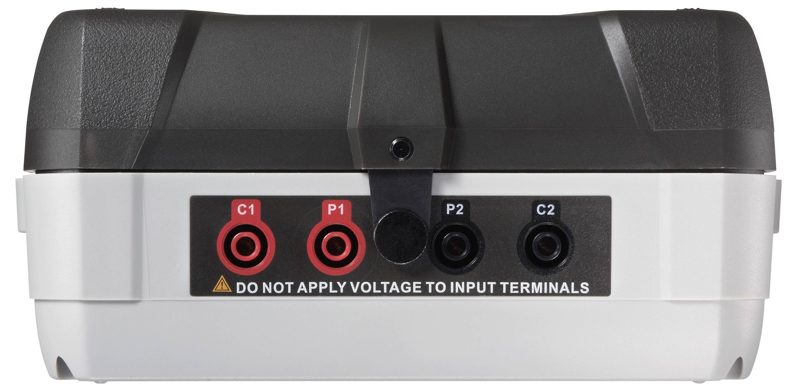 A device with four input terminals labeled 'C1', 'P1', 'P2', 'C2' features a warning: 'DO NOT APPLY VOLTAGE TO INPUT TERMINALS'.