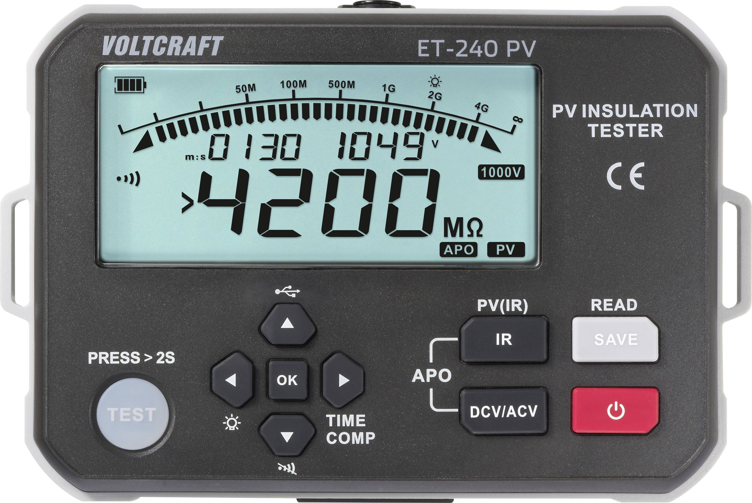 'Voltcraft ET-240 PV Insulation Tester' displays a measurement of 4200 MΩ with various control buttons and settings for insulation testing.