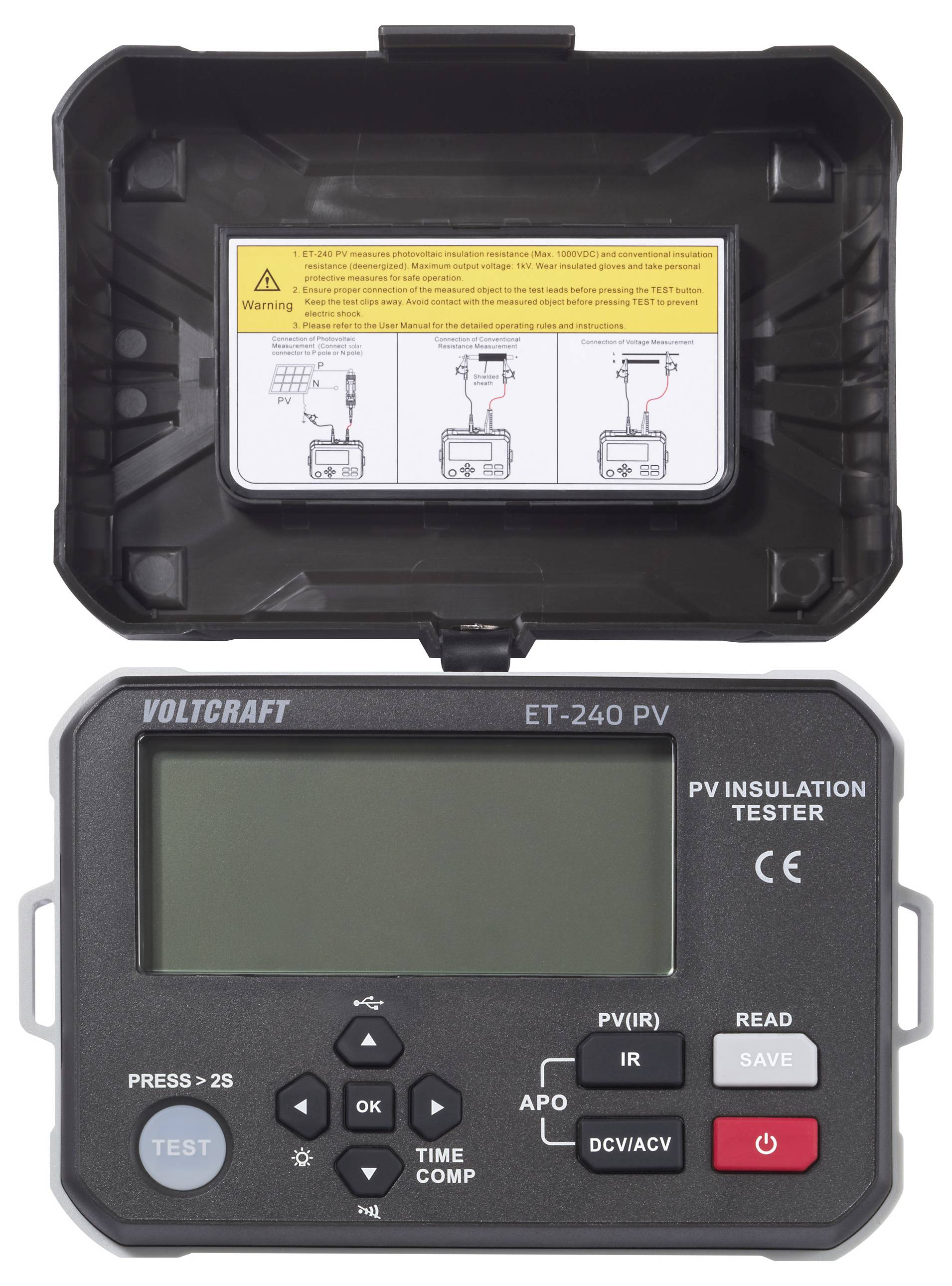 A digital insulation tester with a display and buttons housed in a protective cover. Warning instructions are visible inside the cover.