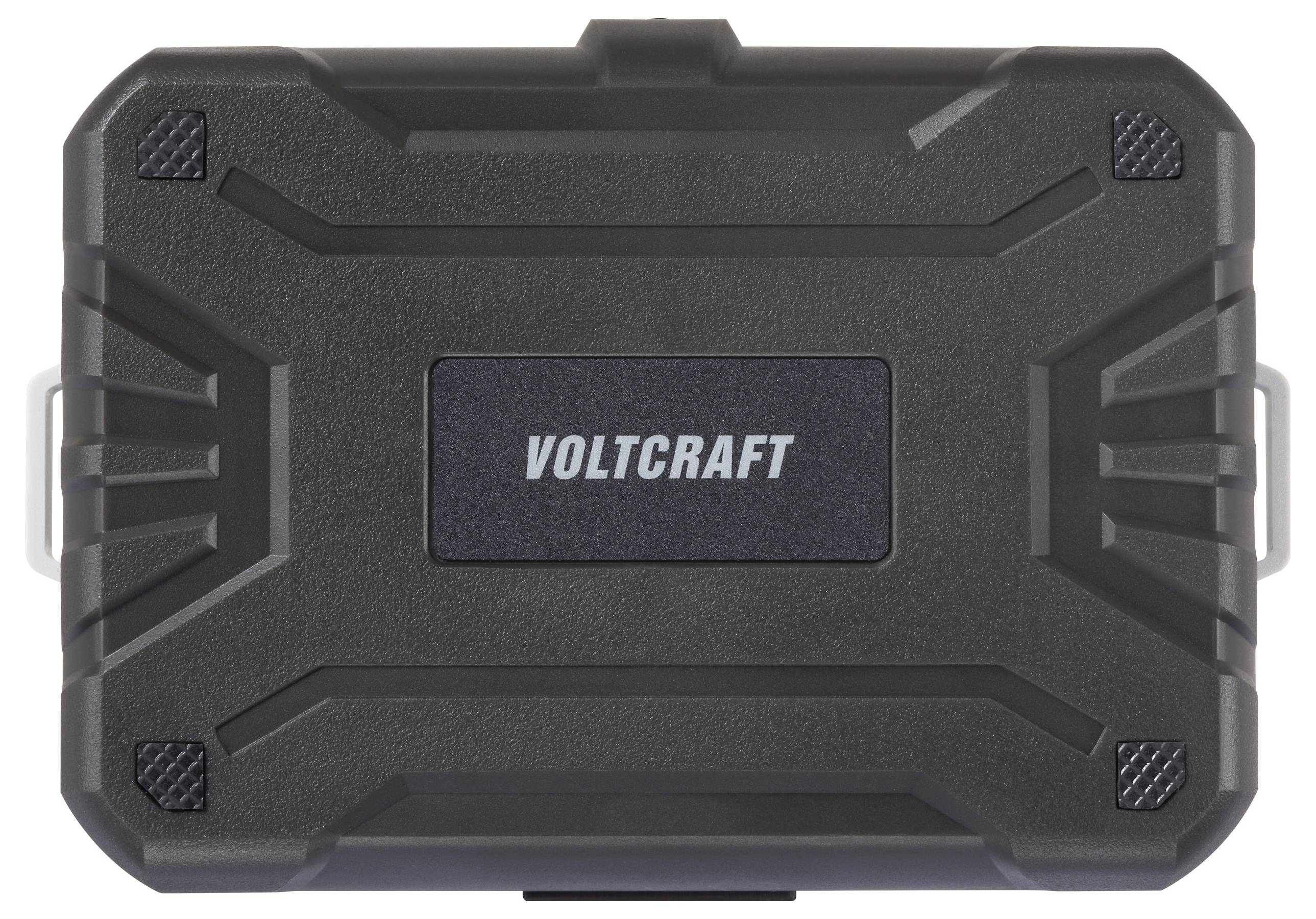 Sturdy black Voltcraft protective case with textured surface, centered branding text, and reinforced corners, designed for durable storage.