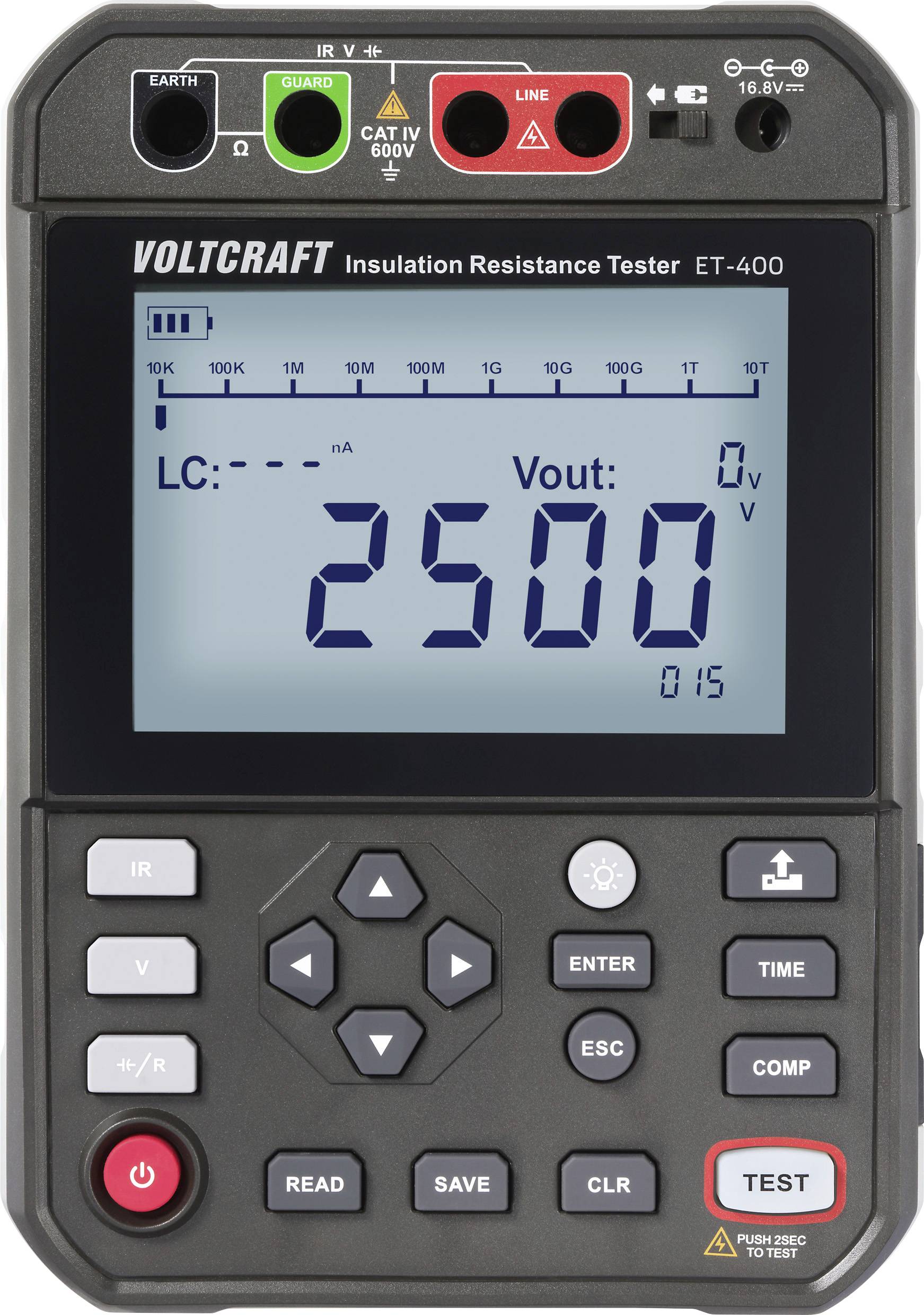 'Voltcraft ET-400 Insulation Resistance Tester' displaying 'Vout: 2500' on screen. Buttons are labeled for various functions including 'TEST'.