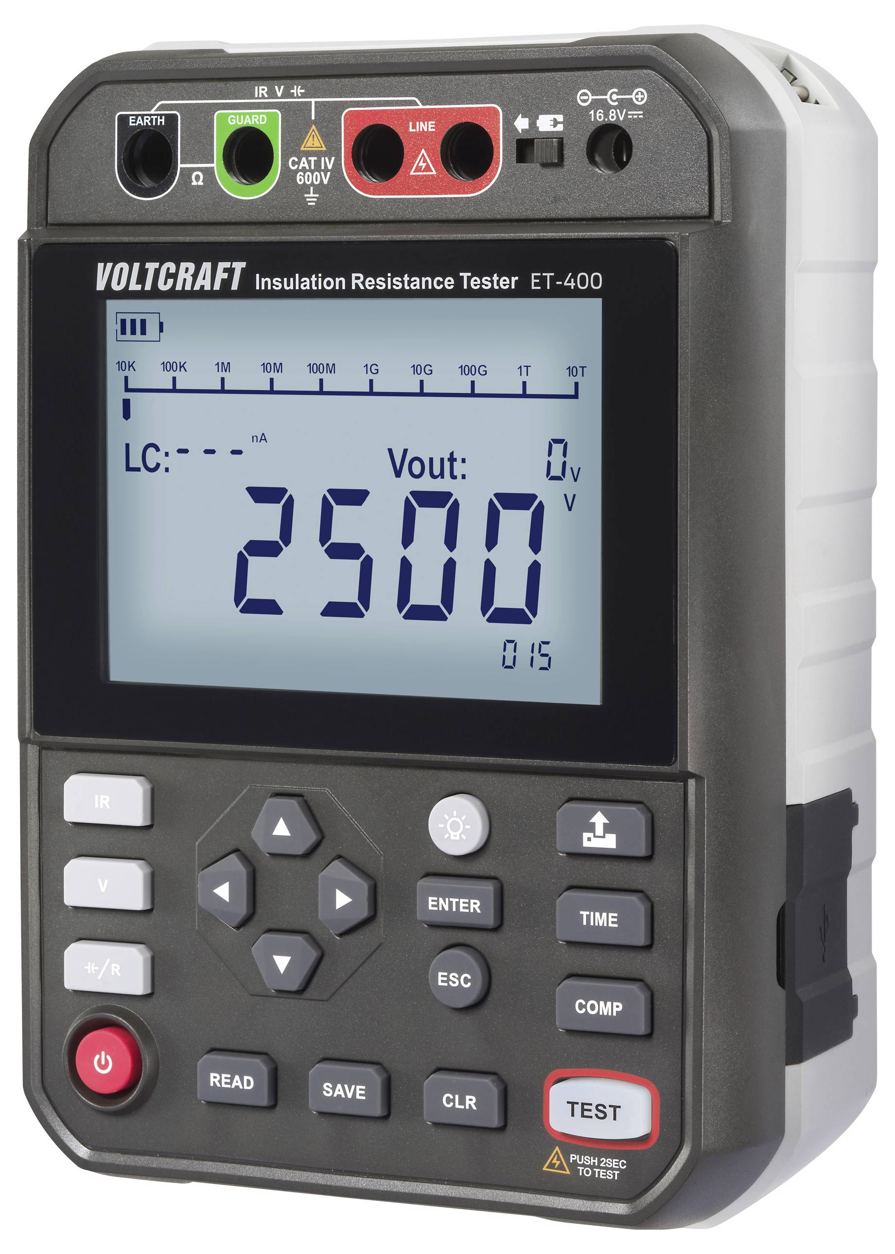 'Voltcraft Insulation Resistance Tester ET-400' displaying 'Vout: 2500V'. Features buttons and a numeric display.