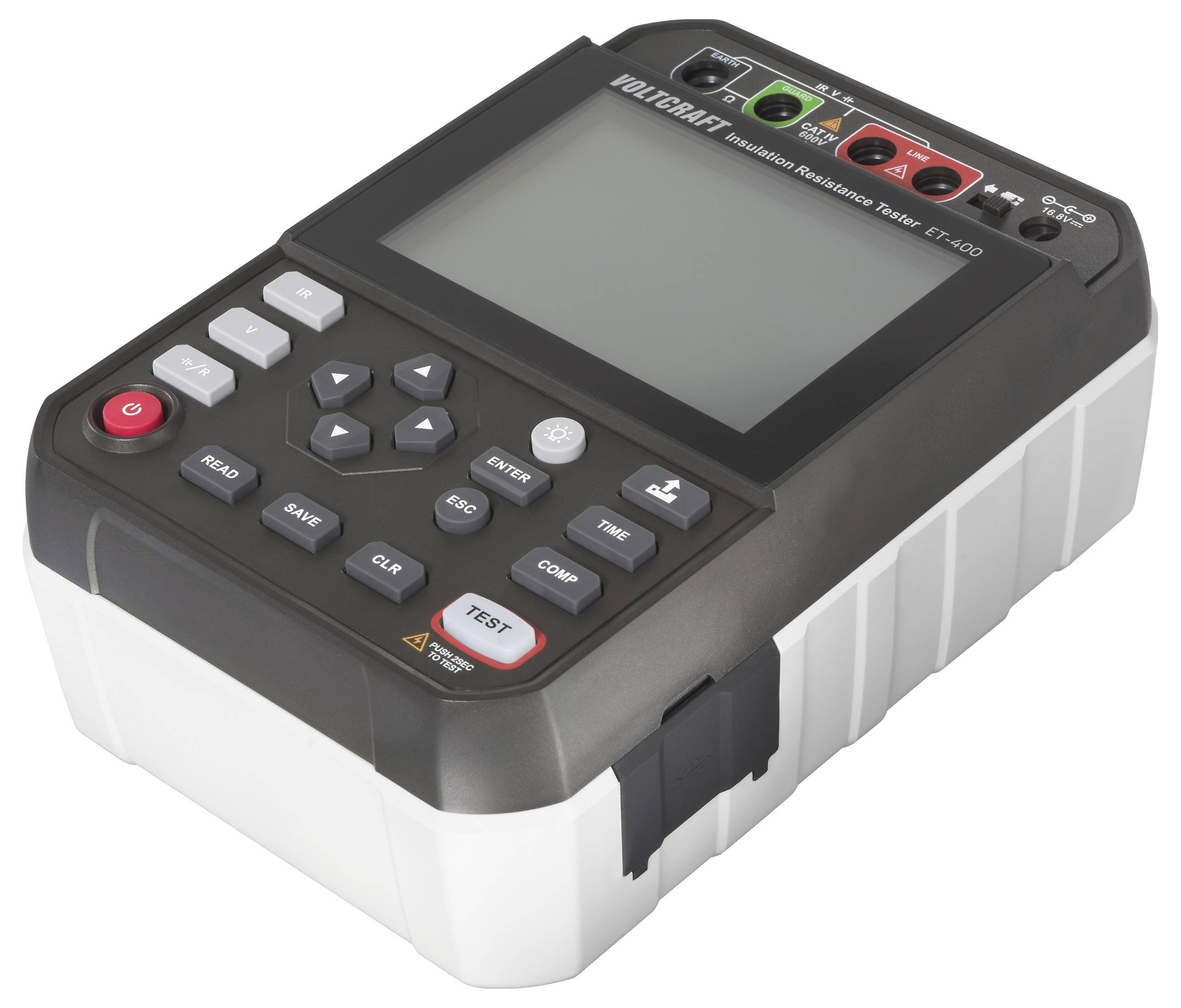 A digital insulation resistance tester with a screen and keypad, used for measuring electrical insulation resistance.