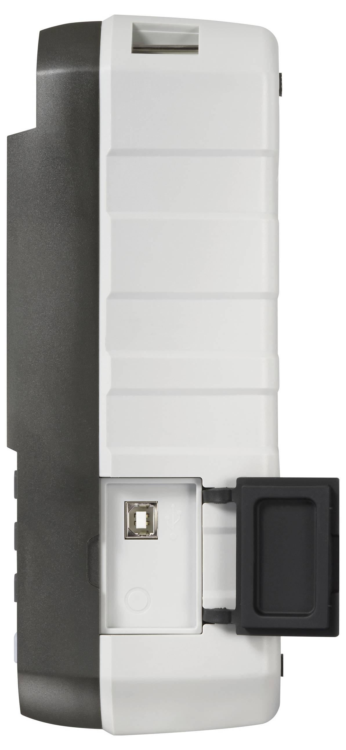 A white and black electronic device, vertical orientation, with a USB port and a flip-open cover on the front.