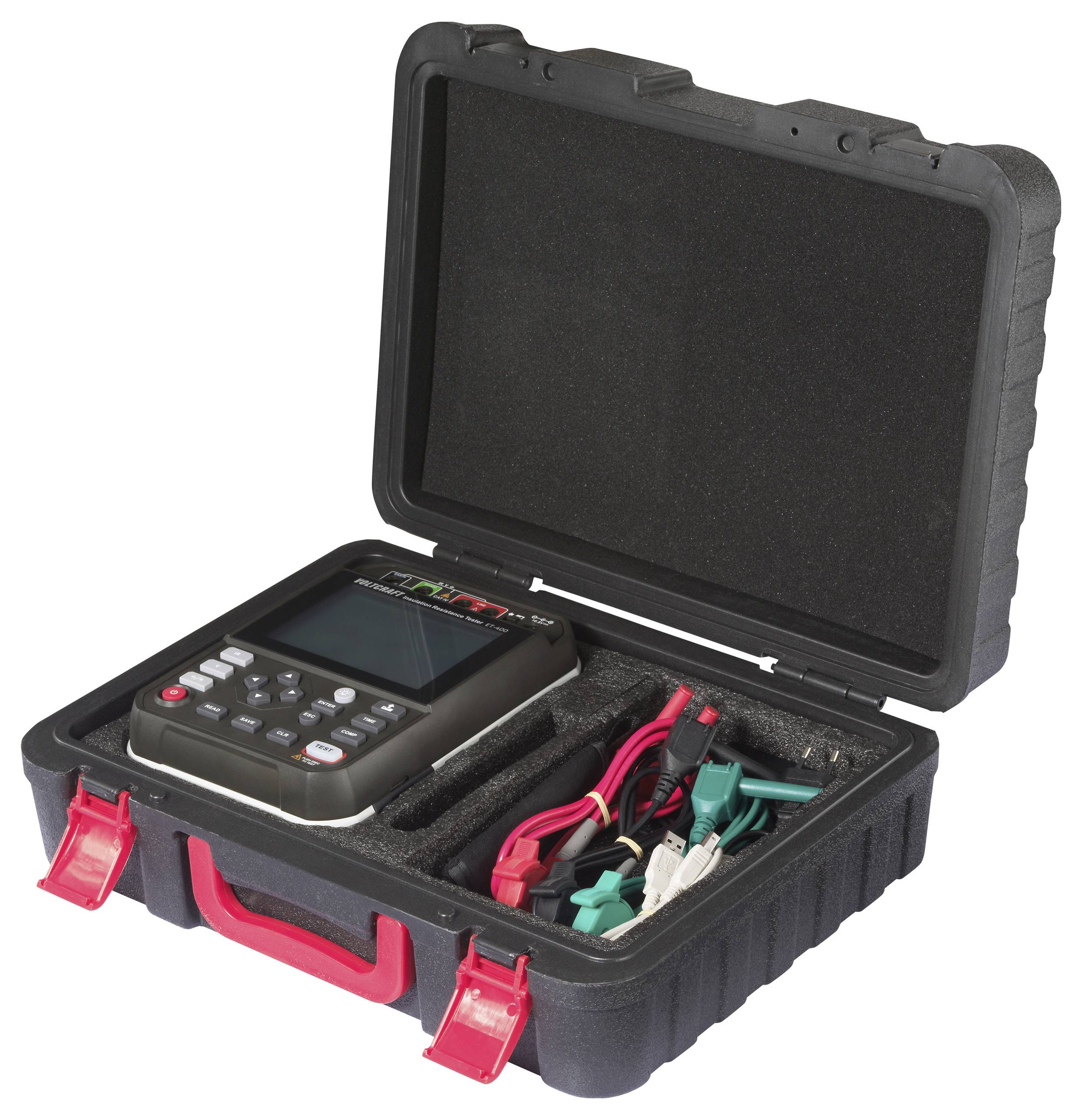 A portable electronic device with a screen and buttons, housed in a protective black case with red clasps, includes attached cables.