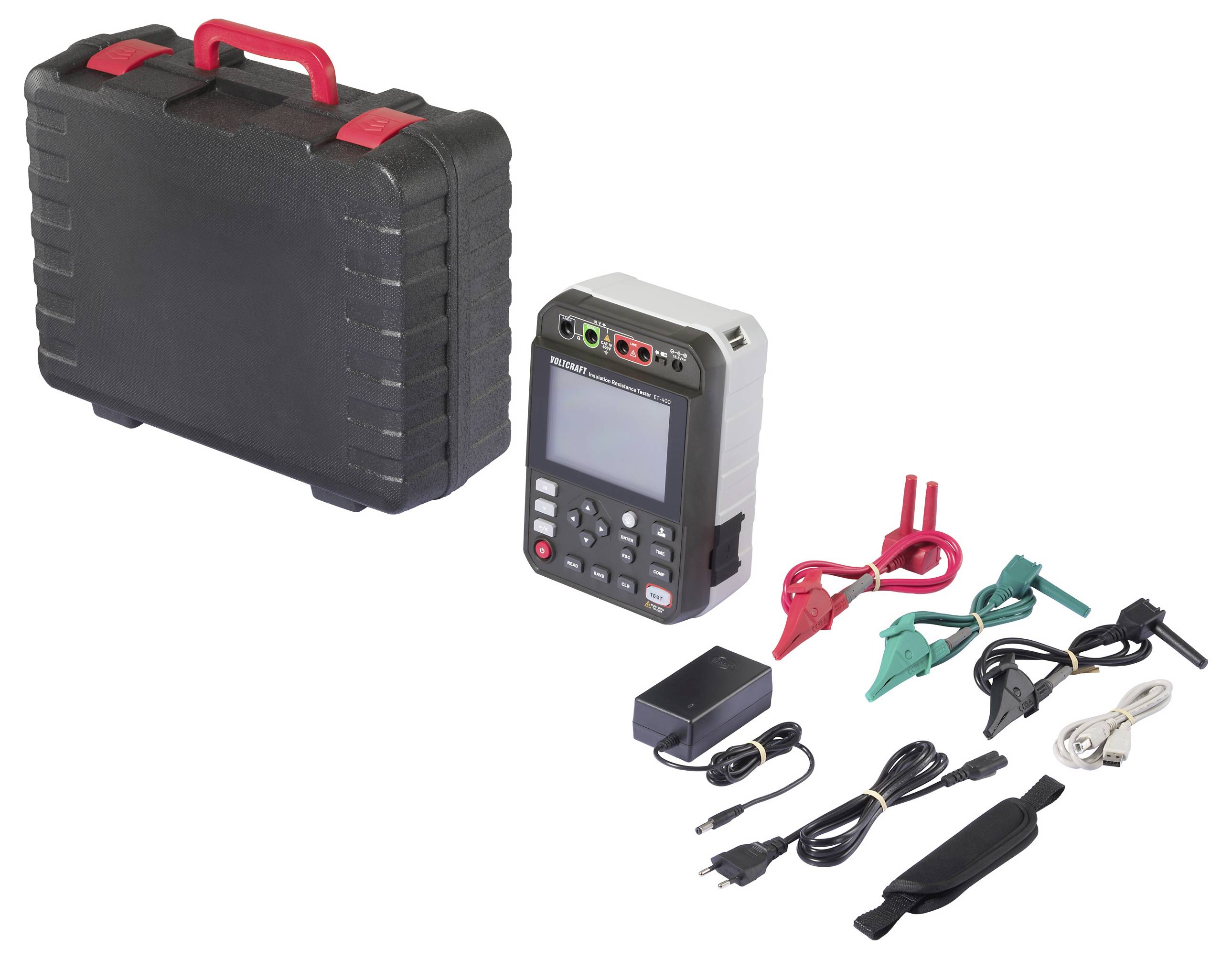 Digital multimeter kit with a black carrying case, multimeter device, red and green clips, charger, cables, and accessories.