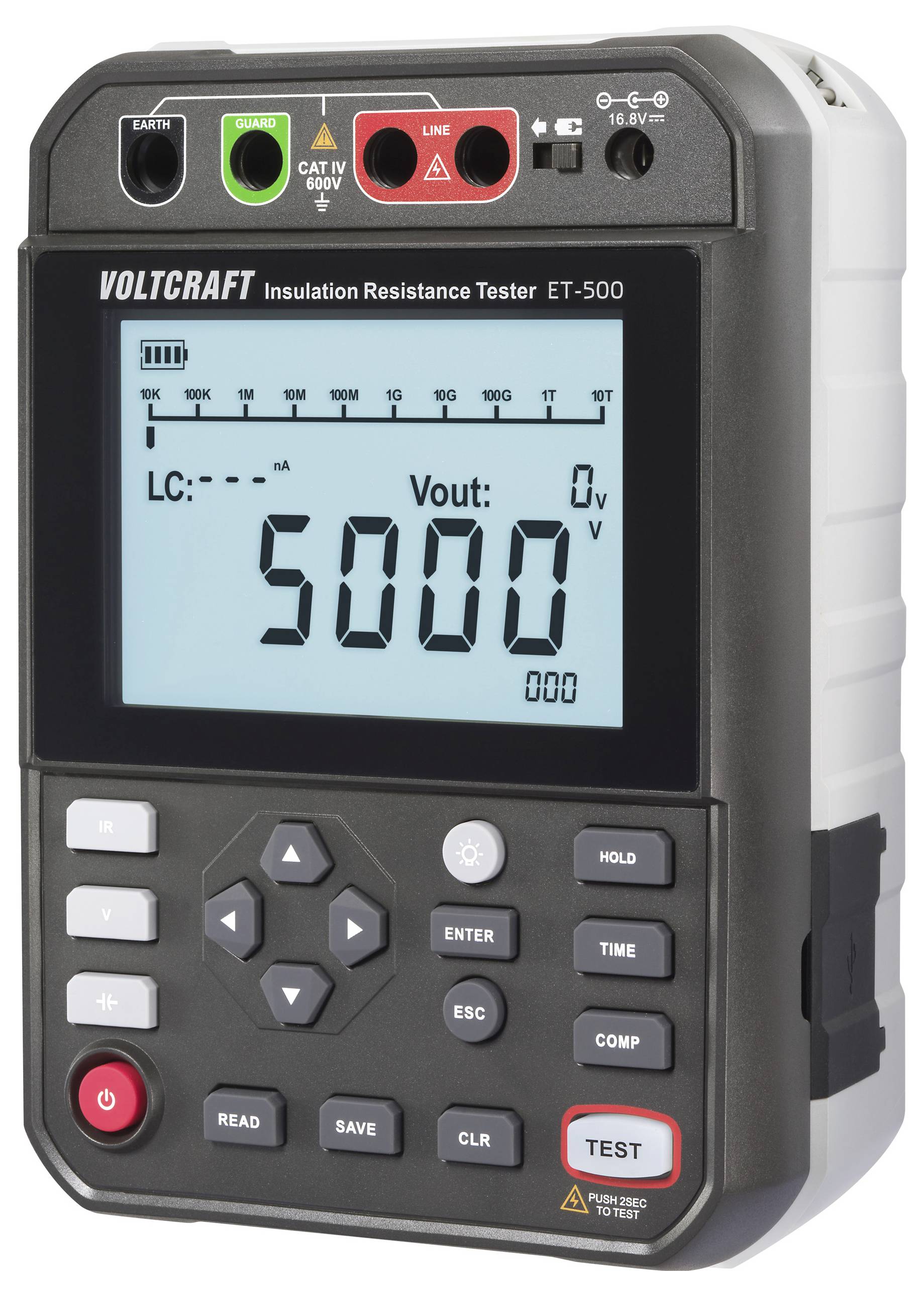 'Voltcraft Insulation Resistance Tester ET-500' with a digital display showing '5000V'. Buttons labeled 'Test', 'Hold', and navigation keys are visible.