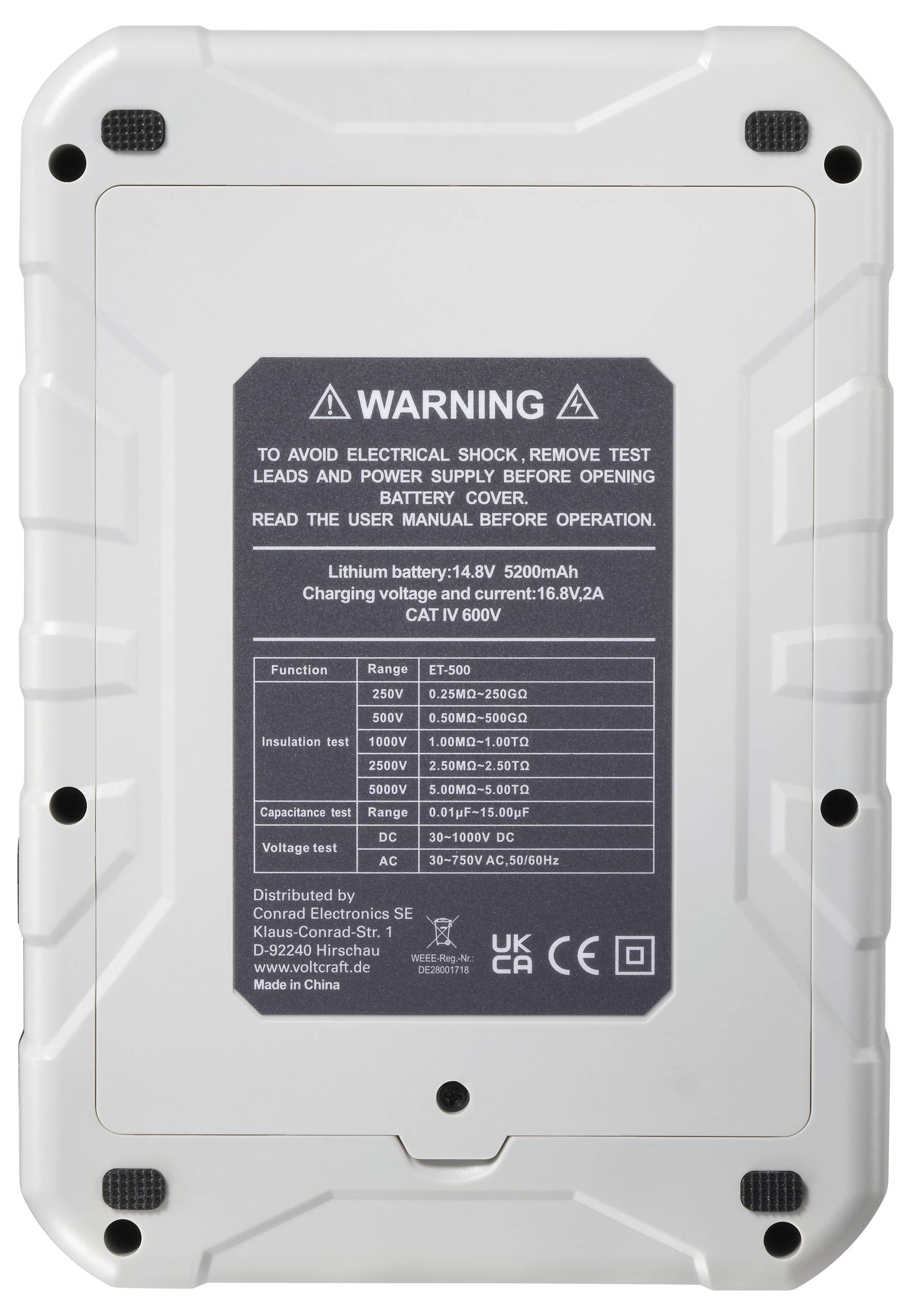 'WARNING: To avoid electrical shock, remove test leads and power supply before opening battery cover. Read the user manual before operation.' Battery: 14.8V 5200mAh, charging voltage: 16.8V 2A.