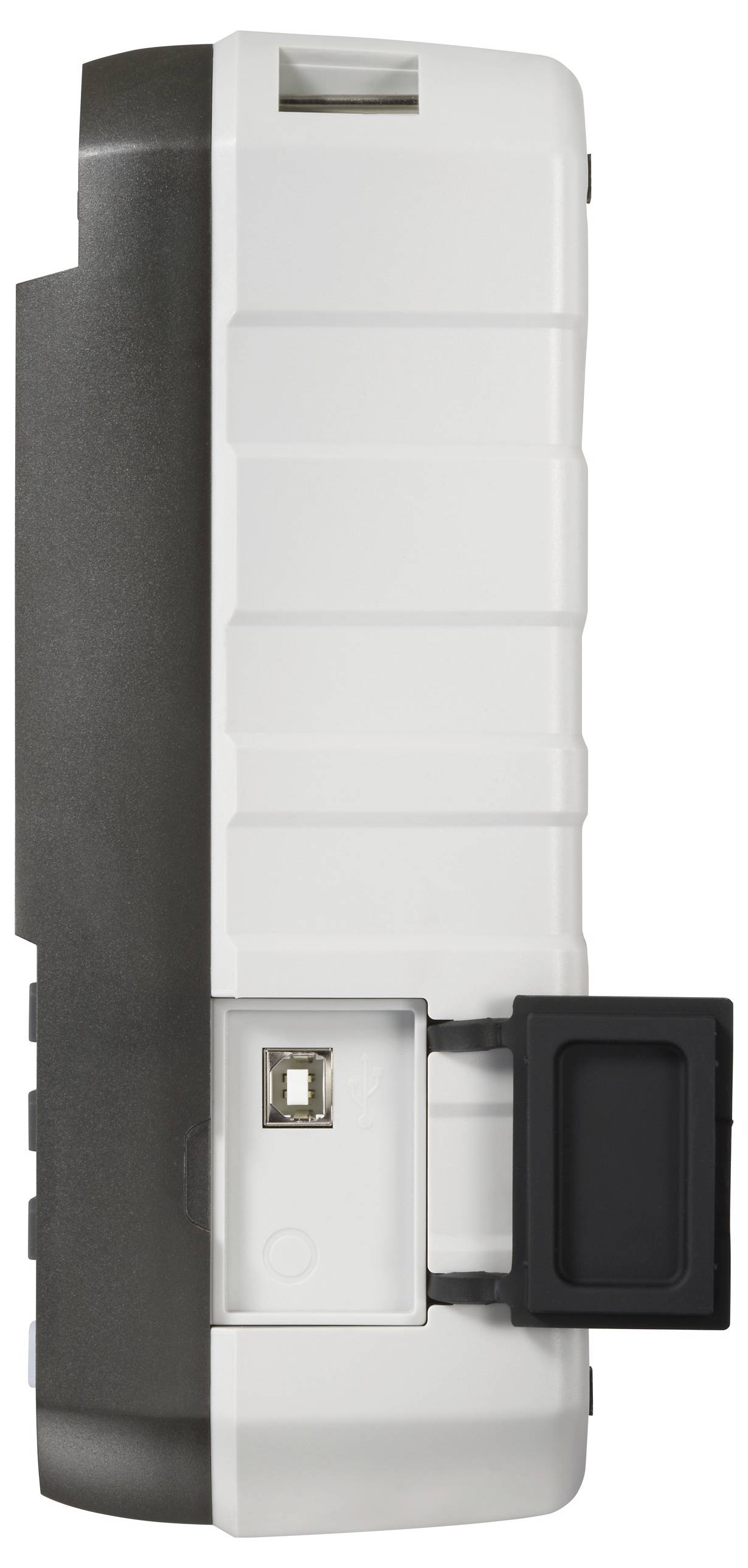 Side view of a white and black electronic device with a USB port. The design features a block-like shape and a small rectangular screen.