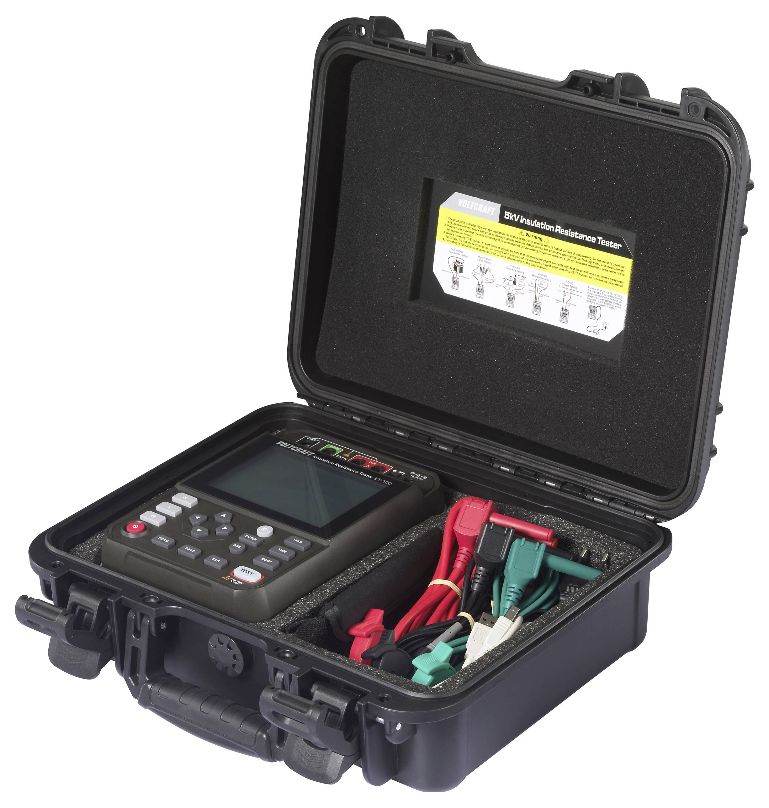 An open black carrying case displaying a digital multimeter with cables and probes, ready for electrical measurement tasks.