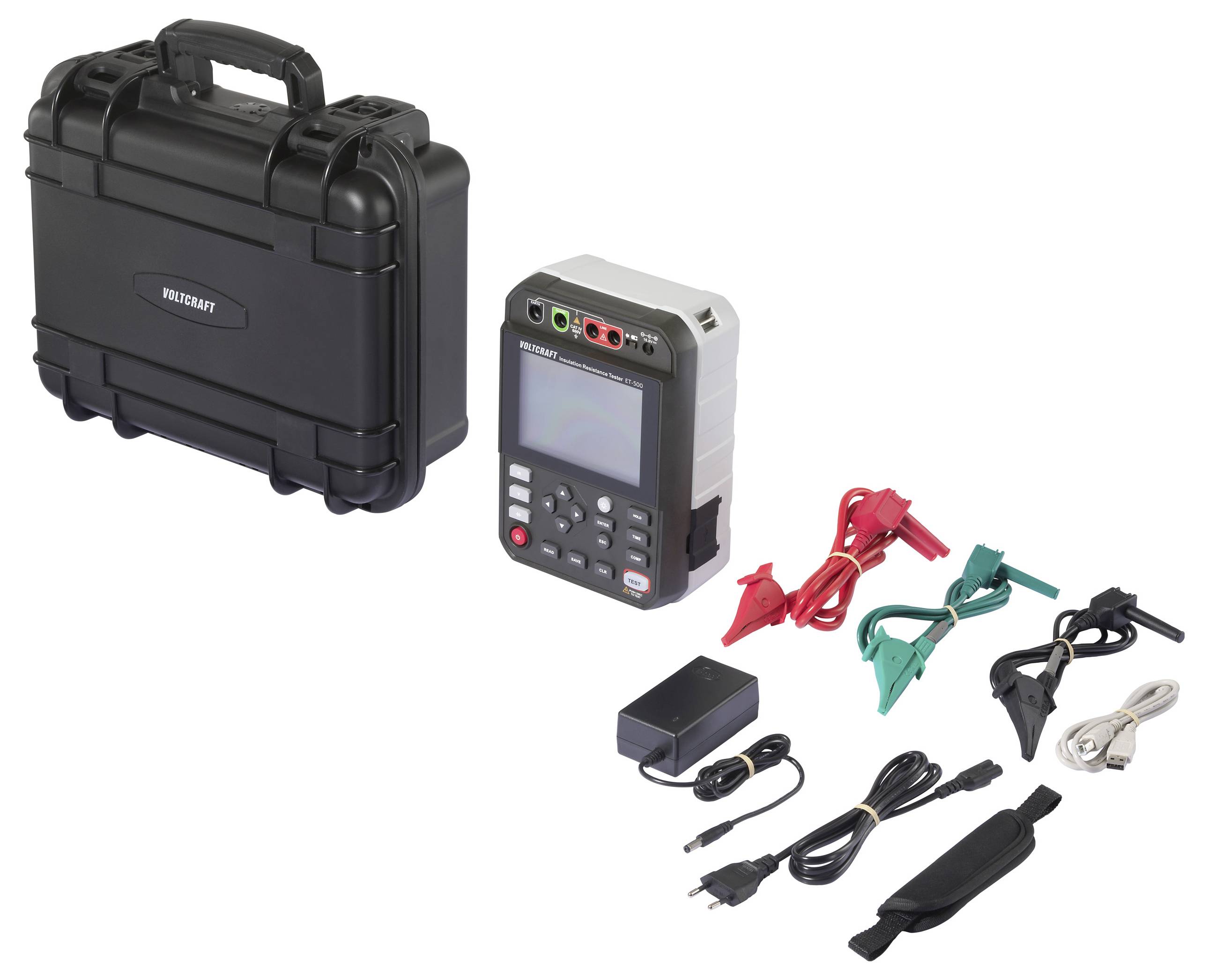 Multimeter kit with a digital display, various cables, clips, adapters, and a black hard case for storage and transport.
