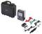 Multimeter kit with a digital display, various cables, clips, adapters, and a black hard case for storage and transport.