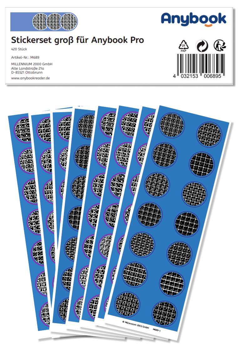 'Large Stickers for Anybook Pro' shows six blue adhesive sheets with black grid patterns, packaged in an Anybook sleeve.