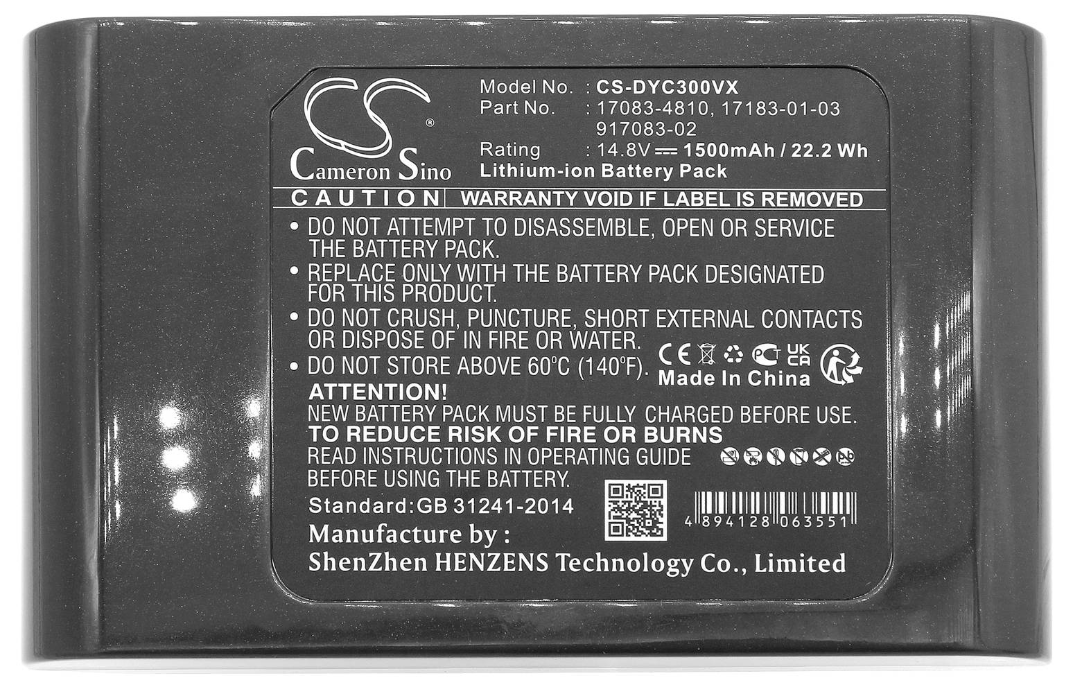 Battery pack with warnings: Do not disassemble or throw into water. Do not store above 60°C. Use only original charger.