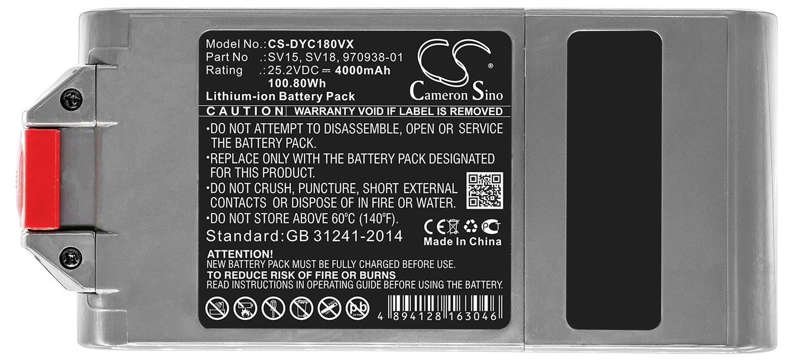 Lithium-ion battery, Model CS-DYC180VX, 25.2V, 4000mAh, 100.8Wh, Safety precautions for safe use, Made in China.