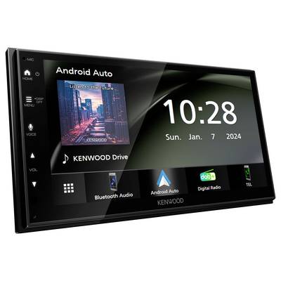 Kenwood Car Radio with Touchscreen Display, showing 'Android Auto', time 10:28, date 7th January 2024. Options: Bluetooth, Digital Radio.
