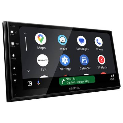A car radio display shows apps such as 'Maps', 'Waze', 'Messages' and 'Calendar', along with a navigation instruction to 'Central Express Way'.