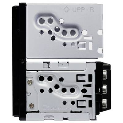 Metal mounting bracket with multiple holes and a marking 'UPP-R'. Screws and connection points visible, reference to assembly instructions.