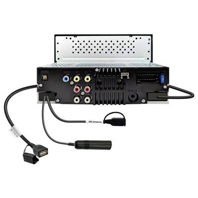 Rear view of an electronic device with various ports, such as USB, audio, and antenna. Device for media or navigation systems.