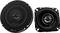 Two black and silver speakers of different sizes; a round subwoofer on the left, a square Kenwood car speaker on the right.