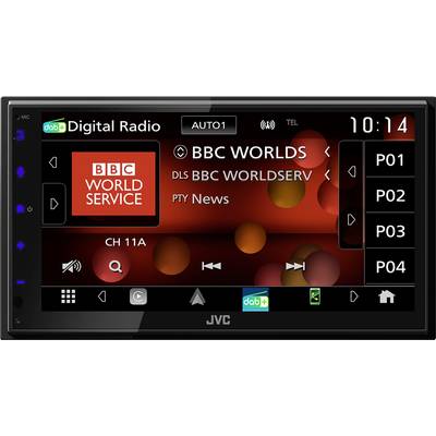A car radio display shows 'BBC World Service' with the station logo, time 10:14, and several preset station options.