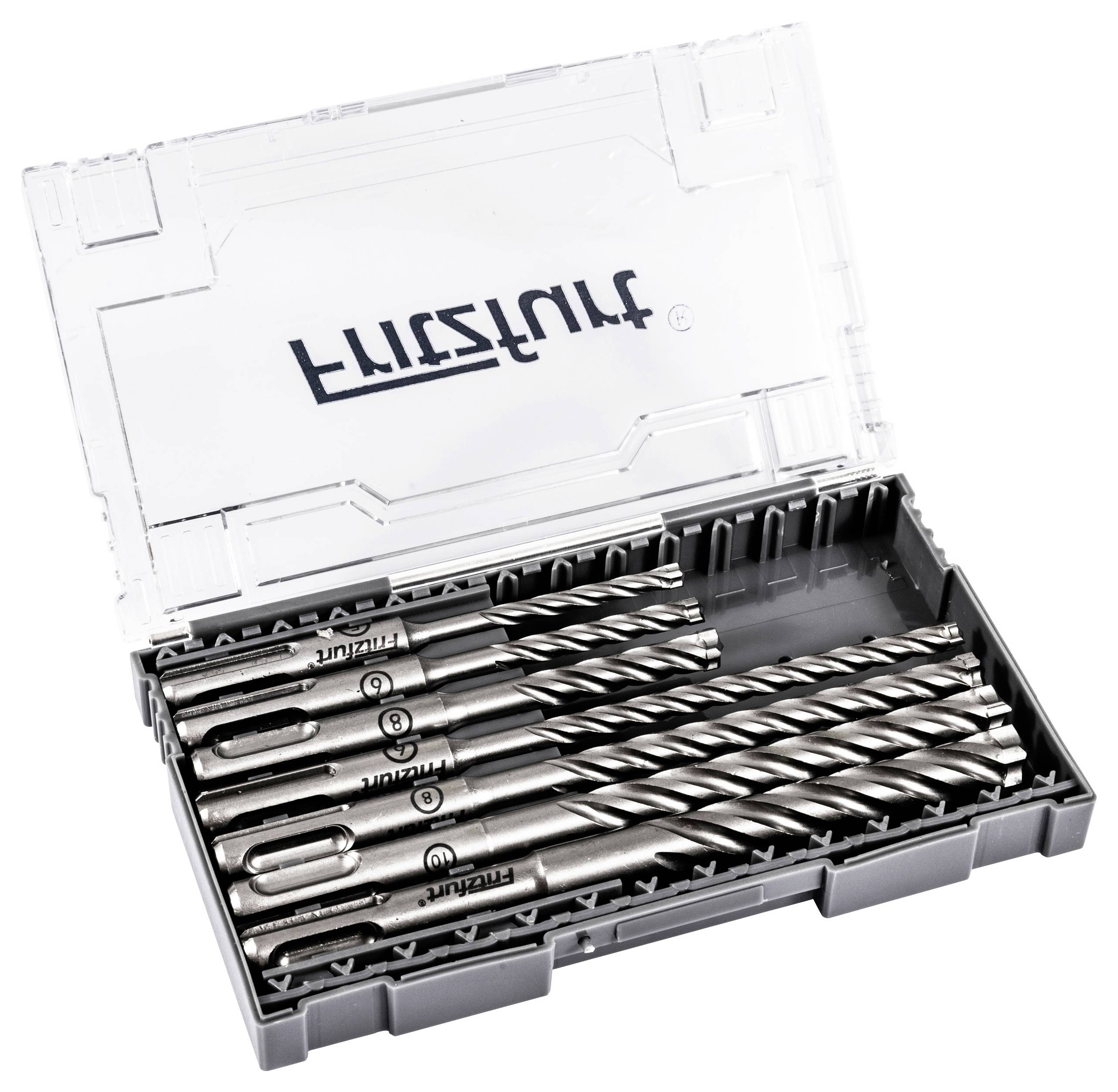 A set of six metal drill bits with spiral grooves, stored in a clear plastic case.