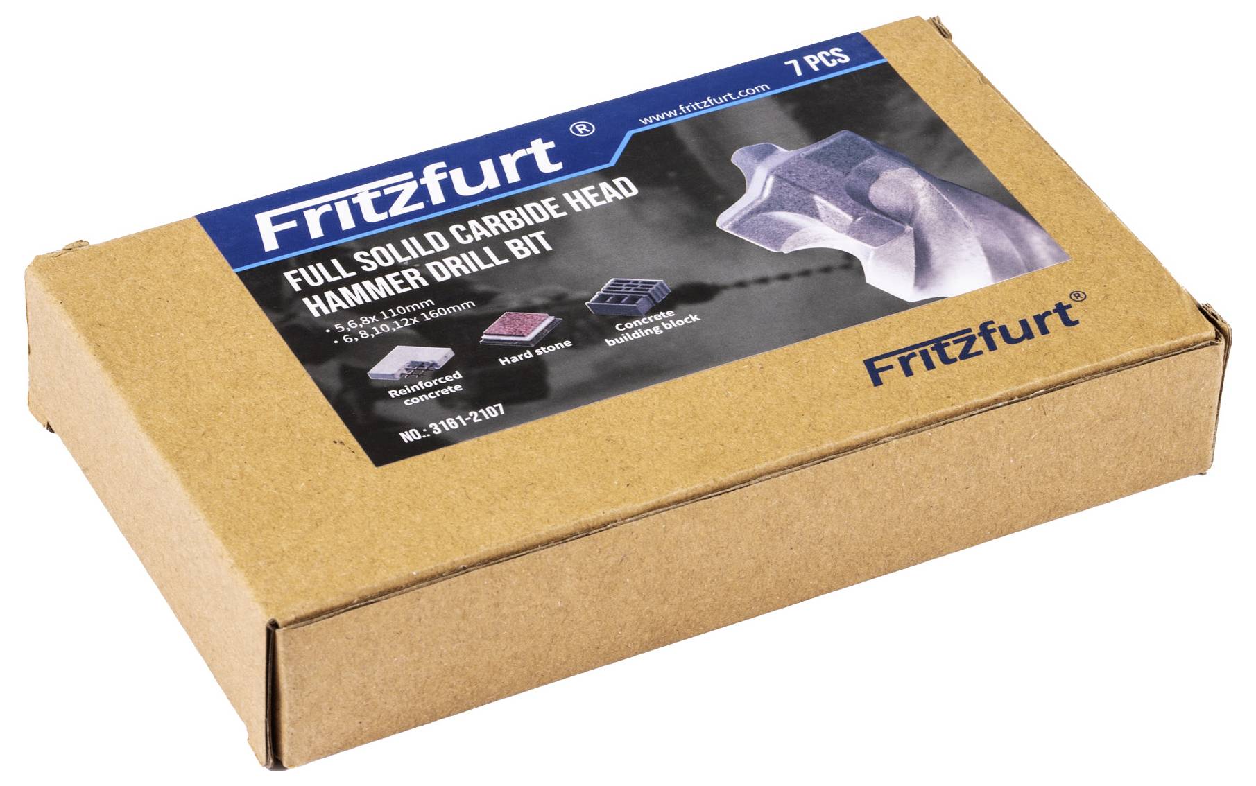 A rectangular cardboard box labeled 'Fritzfurt' containing 7 pieces of full solid carbide head hammer drills, size 6.5 to 12.5mm.