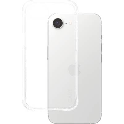 Image of a white smartphone, viewed from the back, placed on a transparent case. Shows camera and company logo.
