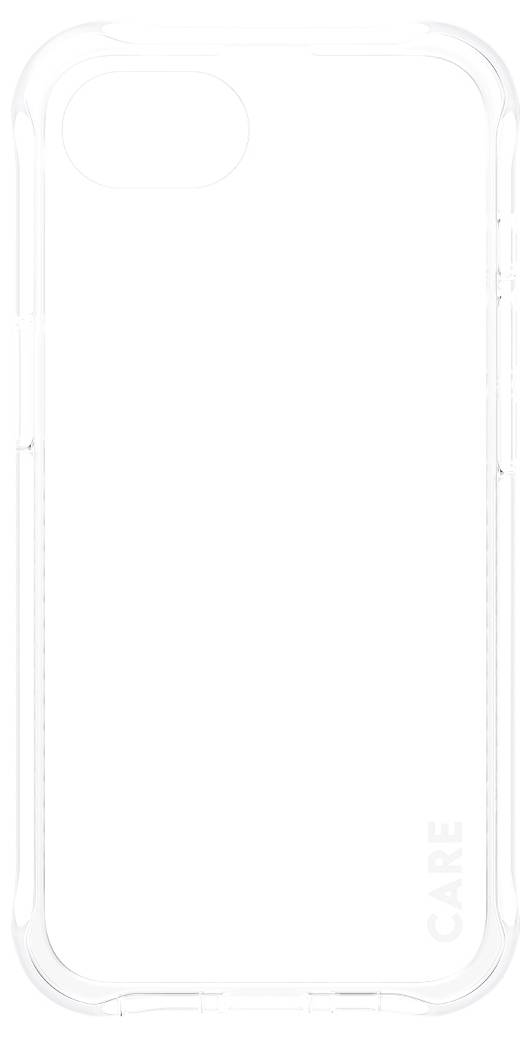 Transparent mobile phone case with reinforced corners, button and port cutouts, and 'CARE' printed on the underside.