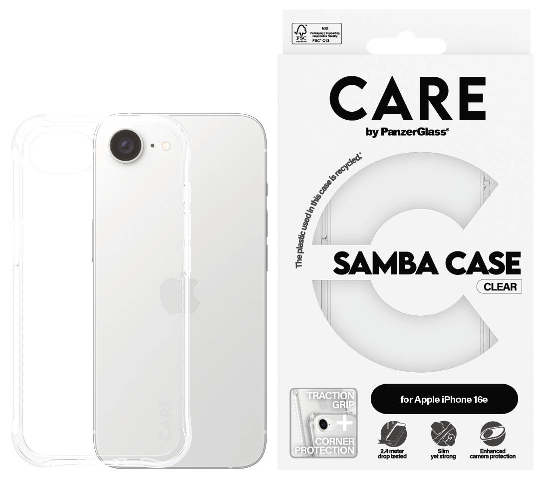 Transparent mobile phone case 'Samba Case' by PanzerGlass for iPhone, alongside its packaging. Provides protection and sturdy design.