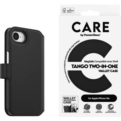 Black mobile phone case with card slot for iPhone 16e, compatible with MagSafe. Packaging shows product details and brand logo.